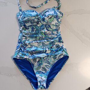LAUREN RALPH LAUREN Swimsuit Bandeau One Piece Paisley Blue and White Size 4